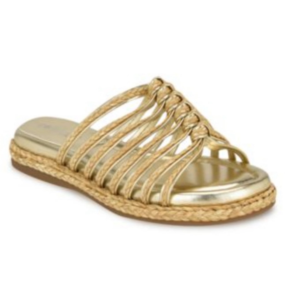 NWOT, Nine West Adila Gold Tone Vegan Leather Sandals